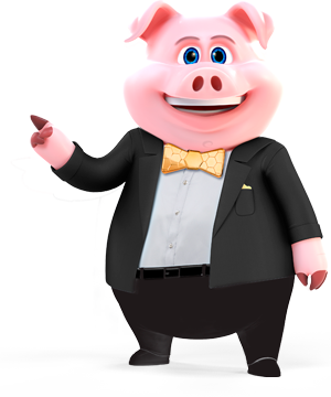 Porquinho segurando o vídeo da promoção